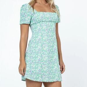 Princess Polly Hastings Mini Dress Womens 4 Green Floral Puff Sleeve Coquette